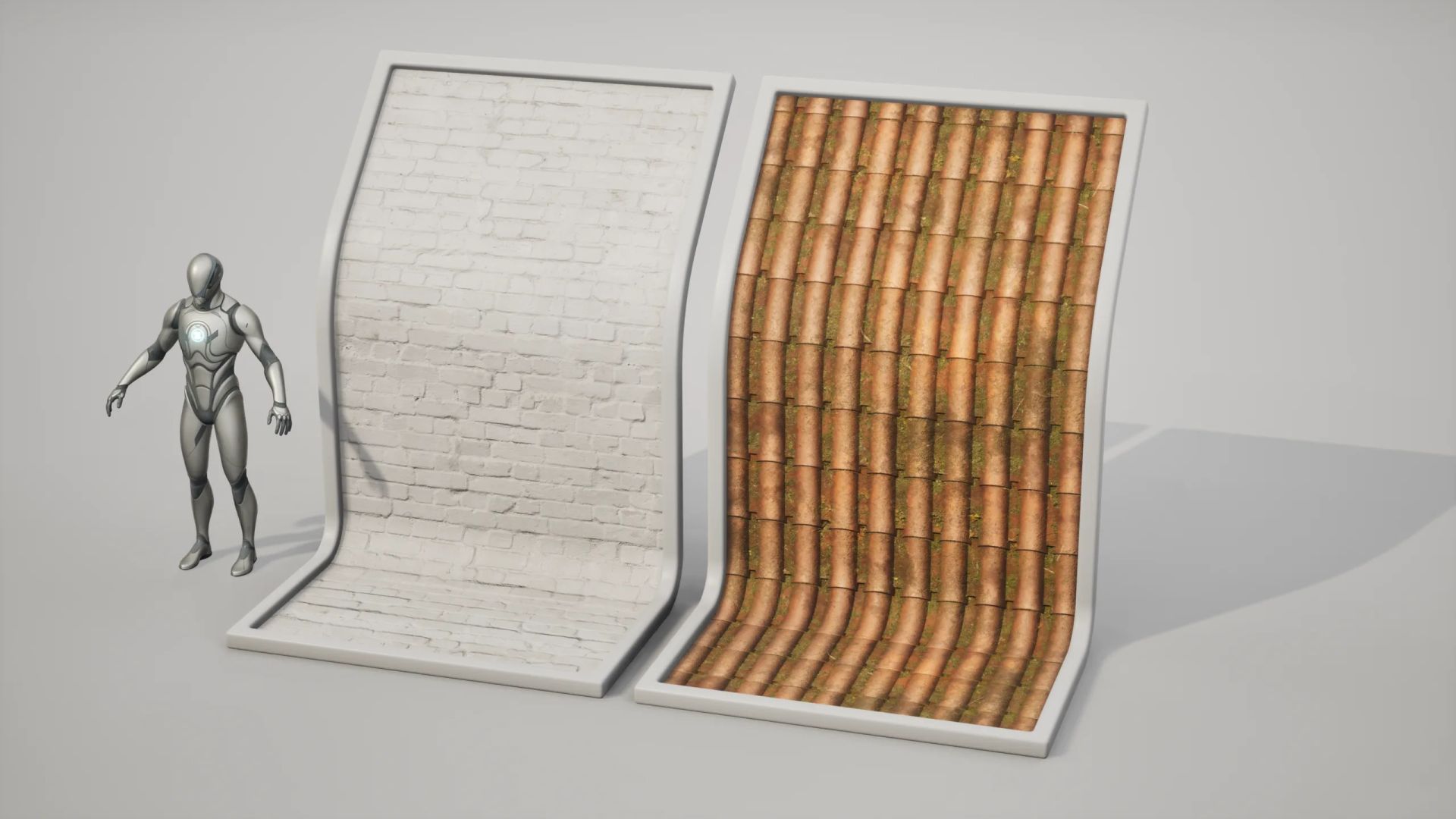 Two tileable PBR materials, whitewashed brick and clay roof tiles, on curved display boards next to a scale mannequin