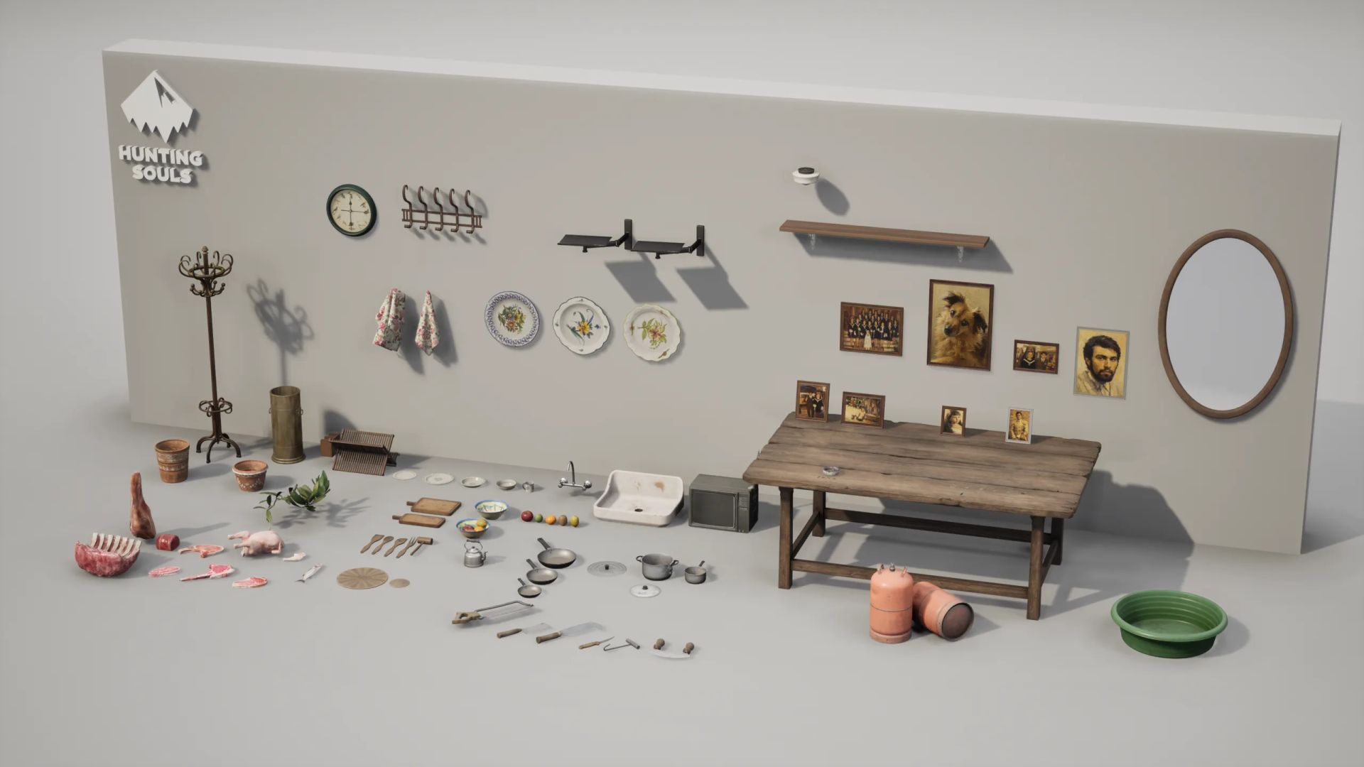 Line-up of household props: wall clock, coat stand, painted plates, framed photos, mirror, kitchenware, butane bottles and food