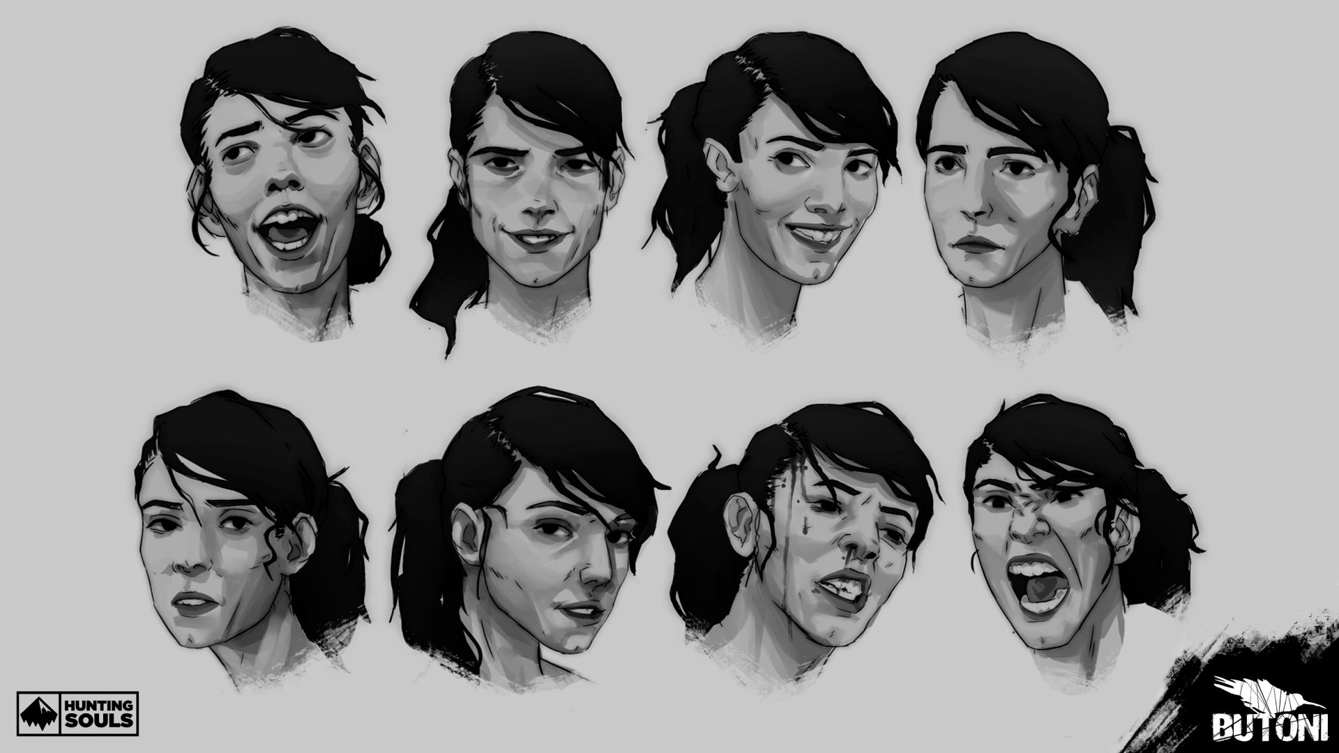 Character concept art expression sheet for Carmen, a stylised game character