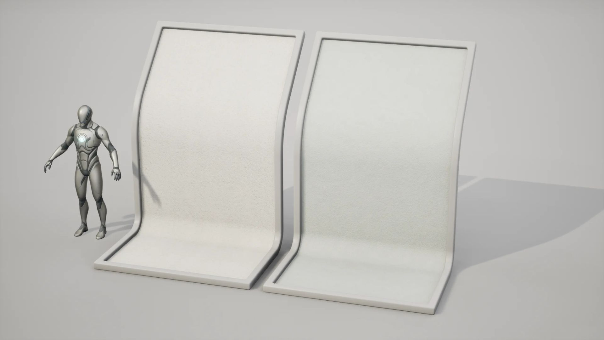 Two tileable PBR materials, white plaster and rough white plaster, on curved display boards next to a scale mannequin