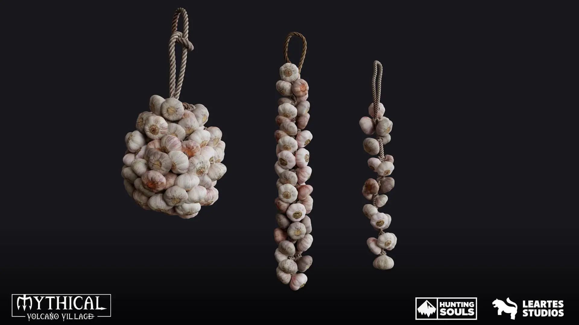 Game-ready 3D garlic braid and garlic bundle props with realistic organic materials and detailed PBR texturing for video game environments