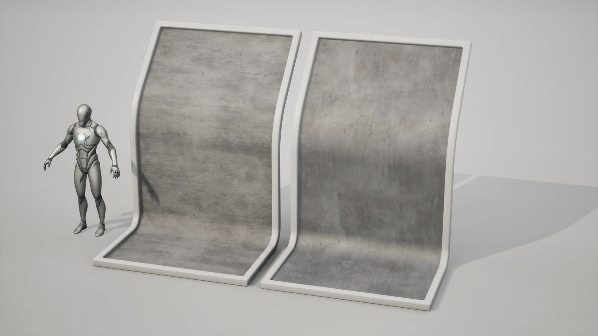 Two tileable PBR materials, concrete and smooth concrete, on curved display boards next to a scale mannequin