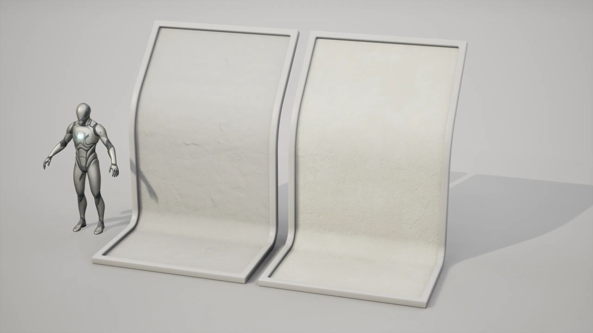 Two tileable PBR materials, stucco and fine stucco, on curved display boards next to a scale mannequin