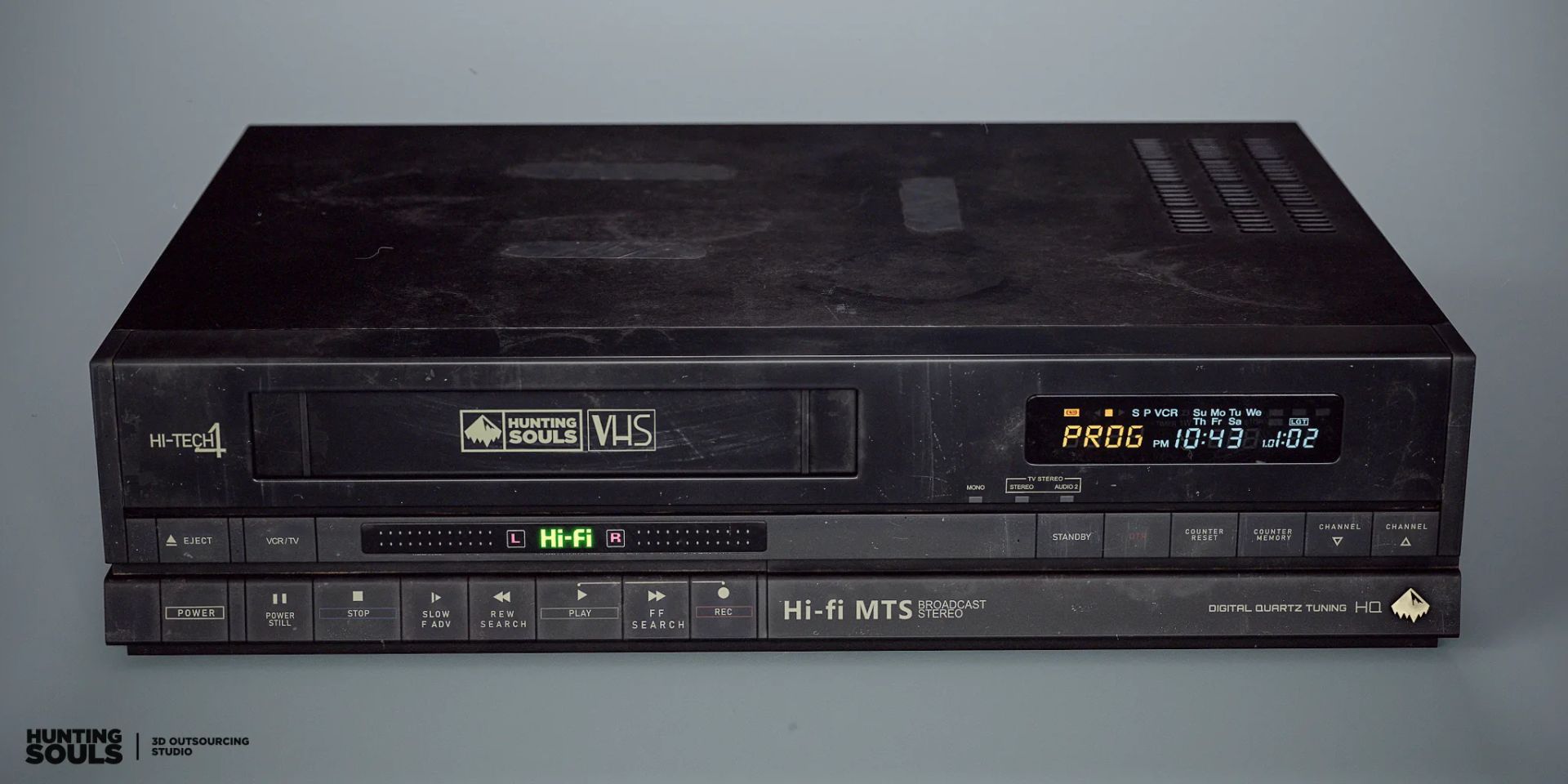 Game-ready 3D vintage VHS player with realistic aged plastic, detailed PBR materials, retro electronics design and authentic 1990s detailing