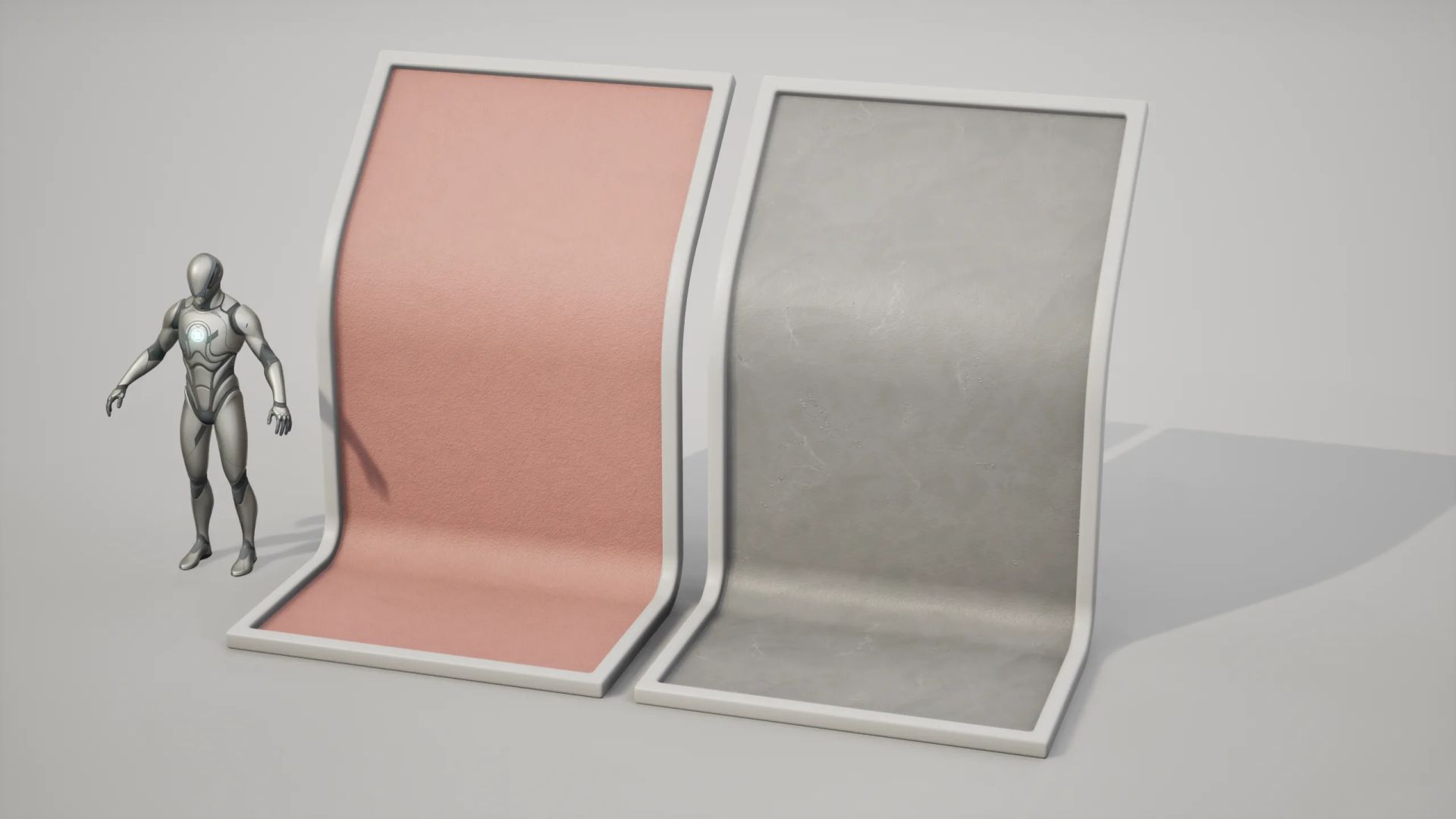 Two tileable PBR materials, pink paint and grey plaster, on curved display boards next to a scale mannequin