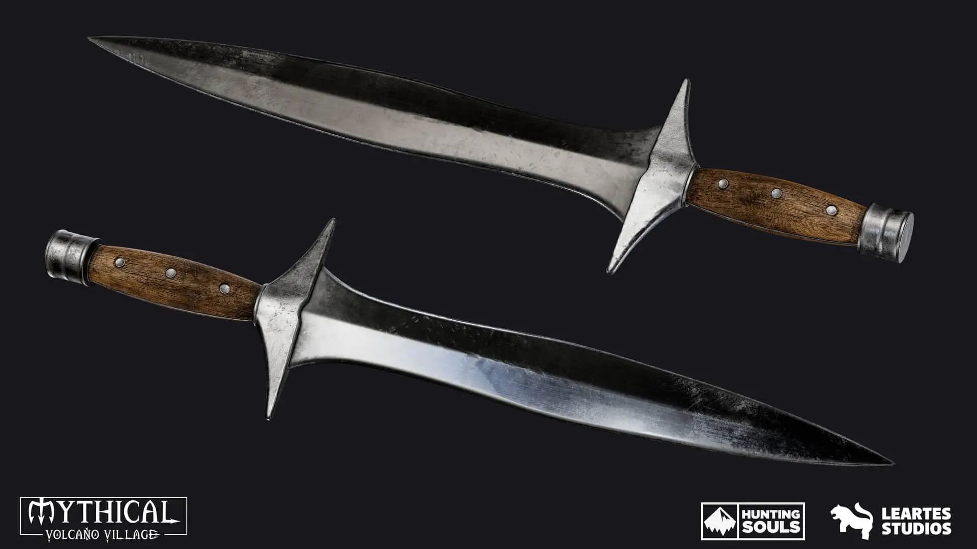 Game-ready 3D fantasy sword with weathered metal blade, wooden handle and realistic PBR materials for video game production