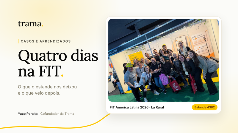 Capa da Trama com a foto da equipe e visitantes no estande 4382 da FIT América Latina 2026, no La Rural em Buenos Aires.