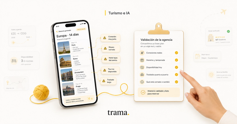 Portada del blog de trama sobre itinerarios de viaje creados con IA: un celular muestra un viaje de 14 días por Europa con alertas como conexiones ajustadas, museos cerrados y hoteles mal ubicados, mientras una agencia valida el plan con un checklist de disponibilidad, horarios, traslados y condiciones reales.