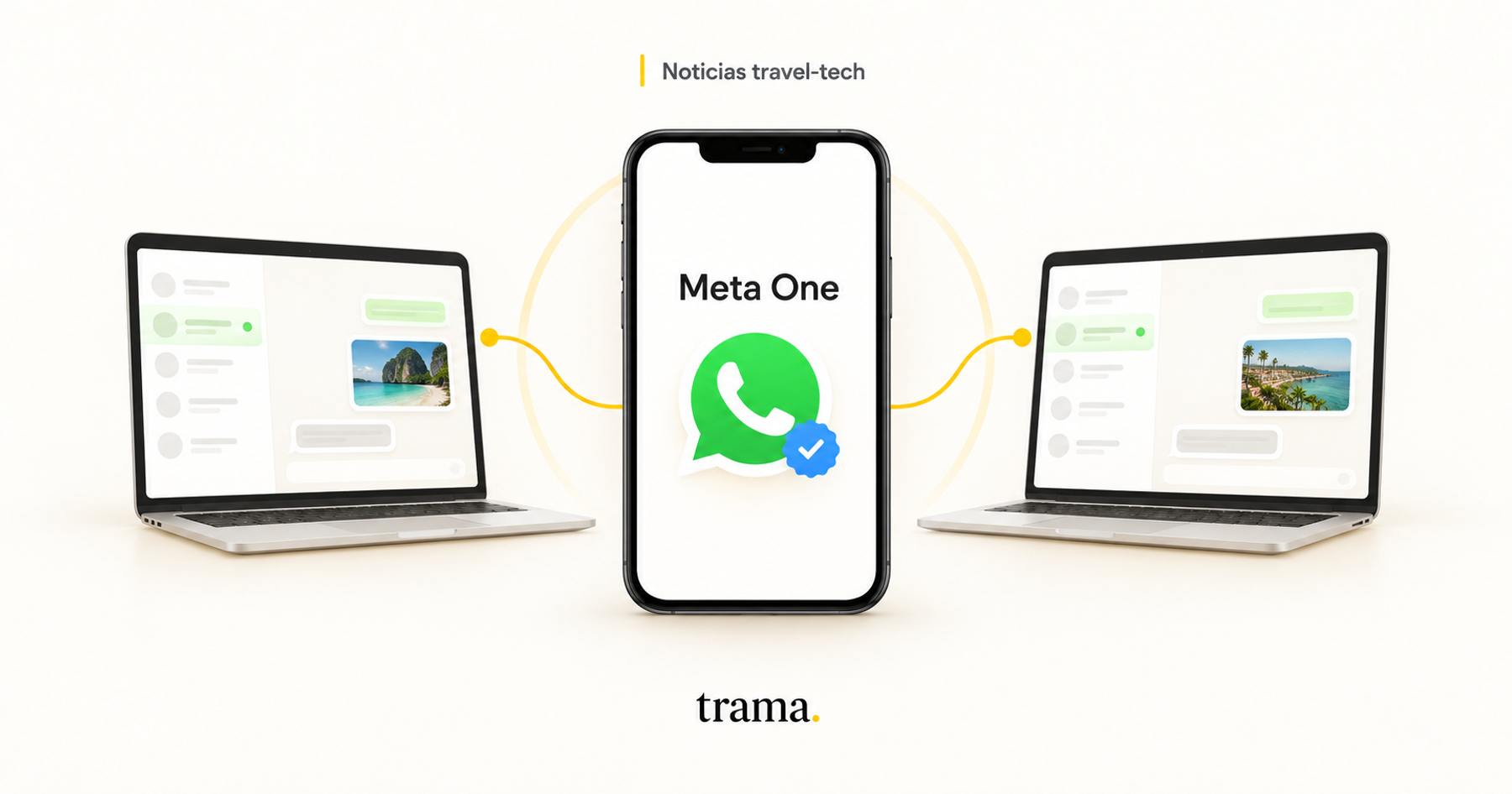 Meta One: celular con WhatsApp y una insignia de verificación conectado a dos computadoras con conversaciones de viajes.