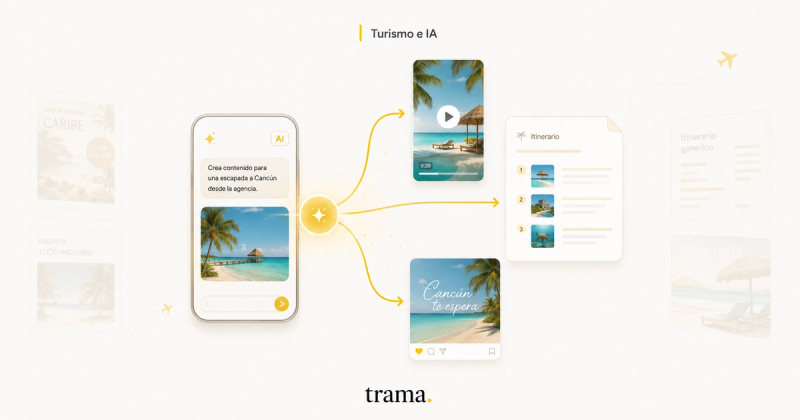 Trama editorial cover on travel and AI, warm cream background with golden-yellow accents. In the center, an AI interface turns a single travel brief into different assets for an agency: a promo video, a social graphic and an itinerary or proposal. Around it, faded generic flyers reinforce the shift from repeated, manual content to original, fast, professional pieces. Below, the centered wordmark trama.