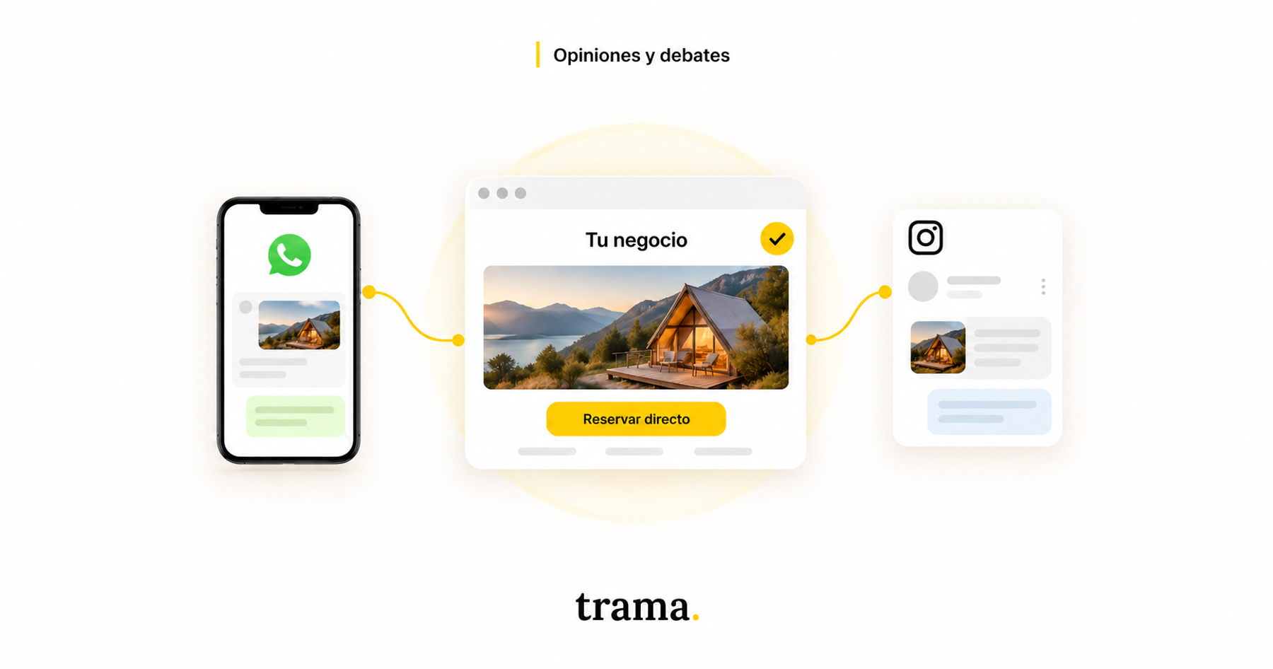 Portada de trama. sobre los canales de venta propios de un negocio turístico. Una web con una cabaña y el botón «Reservar directo» se conecta mediante líneas amarillas a un celular con WhatsApp y una tarjeta de Instagram. Fondo claro, categoría «Opiniones y debates» arriba y marca trama. abajo.