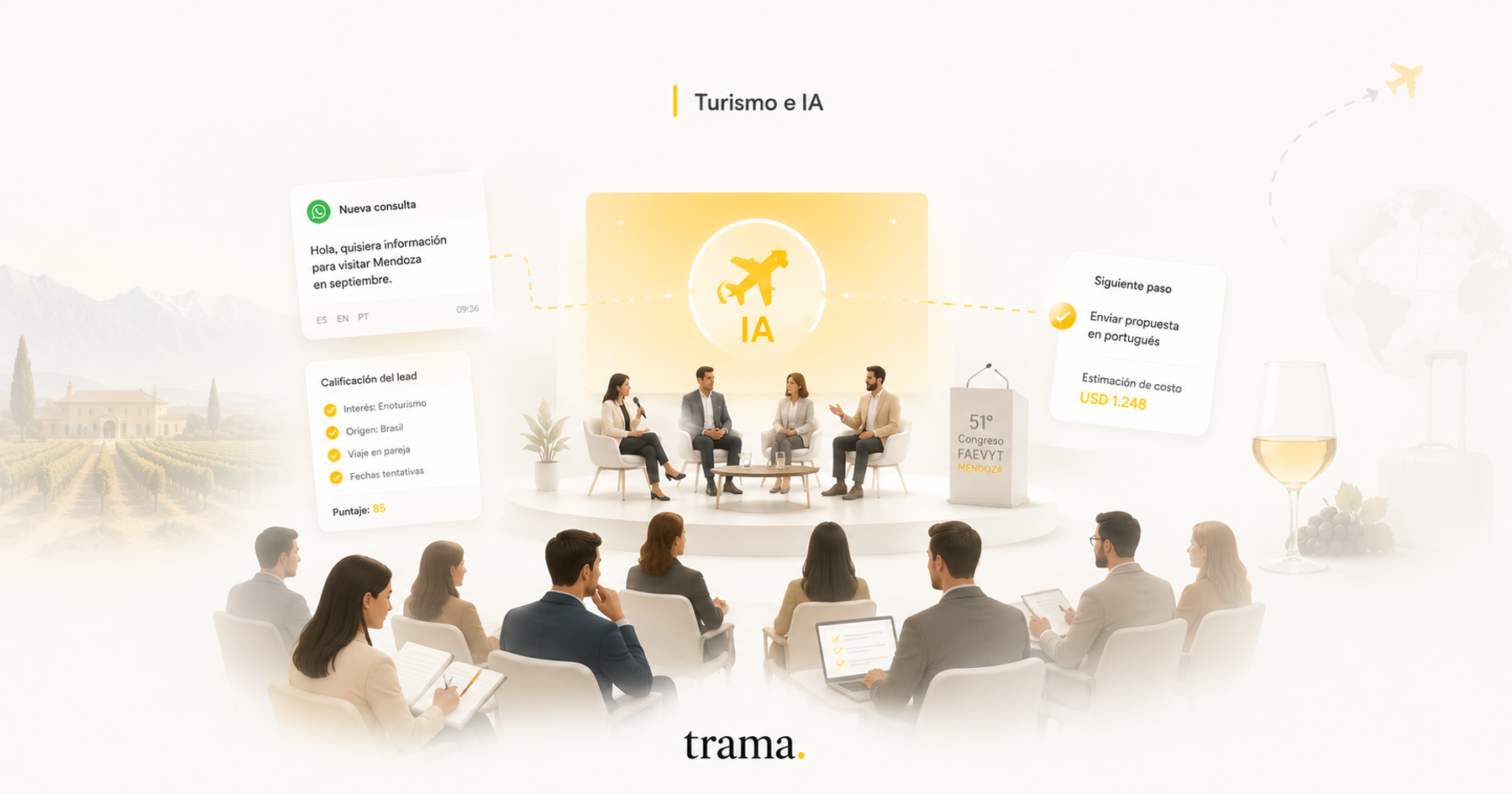 Portada editorial de Trama sobre turismo e inteligencia artificial. En el centro, una charla de congreso con panelistas y agentes de viajes escuchando una presentación sobre IA. Alrededor aparecen tarjetas visuales de consultas, calificación de leads y próximos pasos, junto a referencias sutiles a Mendoza, el enoturismo y los viajes internacionales. La escena transmite cómo la IA pasó de ser una promesa a una herramienta concreta para la gestión turística.