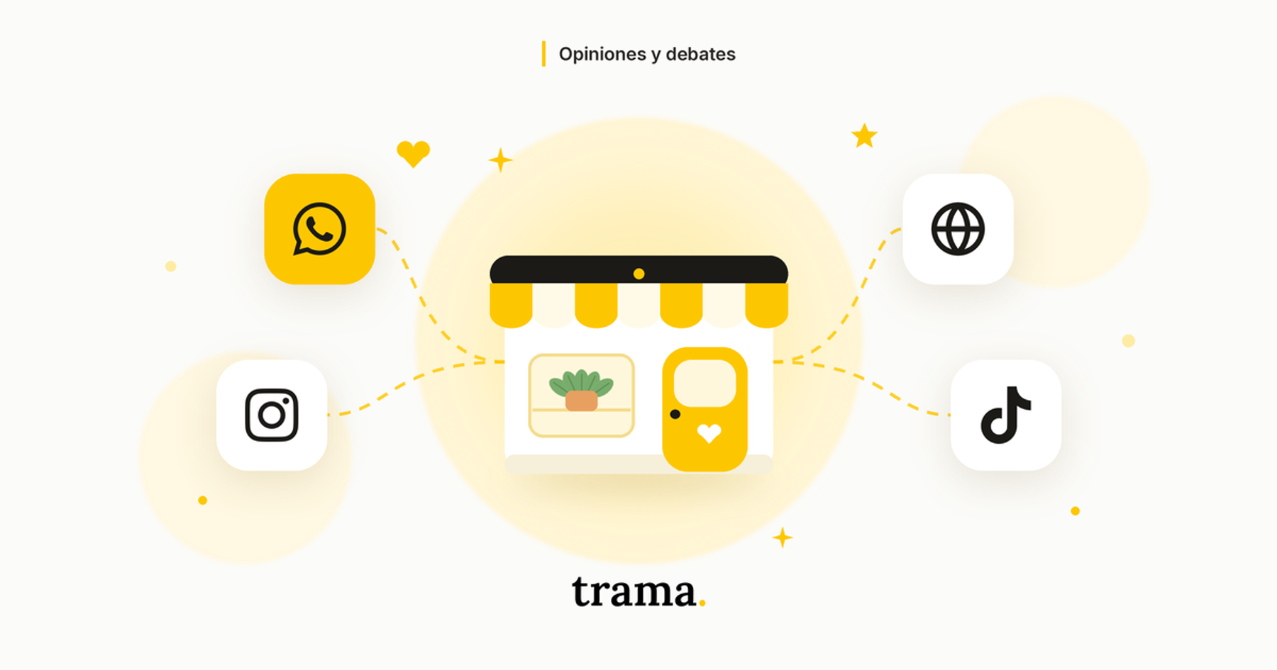 Capa do blog da trama. sobre por que negócios de turismo precisam desenvolver seus próprios canais de venda. No centro, uma pequena loja com toldo listrado de amarelo, uma planta na vitrine e uma porta amarela com um coração, sobre um brilho amarelo suave. Linhas pontilhadas amarelas a conectam a quatro ícones em cards arredondados: WhatsApp em um card amarelo, e Instagram, um site (globo) e TikTok em cards brancos. Corações, estrelas e brilhos amarelos ao redor, fundo claro, o selo "Opiniones y debates" no topo e o wordmark "trama." embaixo.