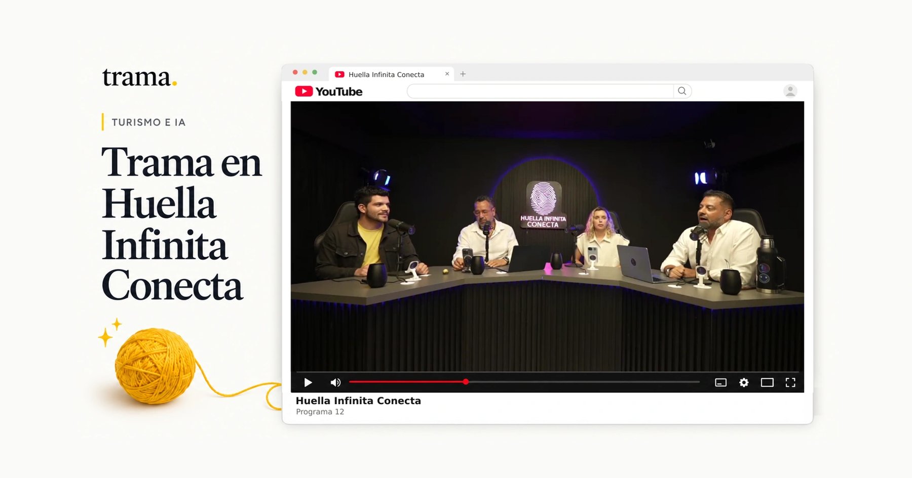 Yaco Peralta with the other three participants in episode 12 of Huella Infinita Conecta, in a YouTube window with Trama branding.