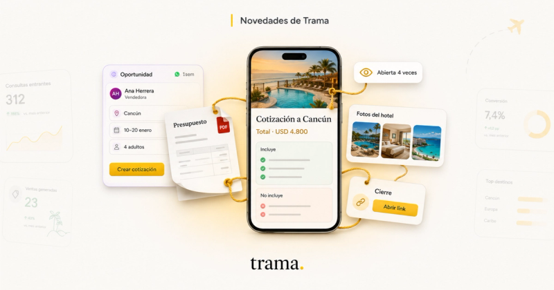 Interfaz de Trama mostrando cómo una oportunidad se convierte en una cotización móvil con fotos, seguimiento de aperturas y un link de cierre.