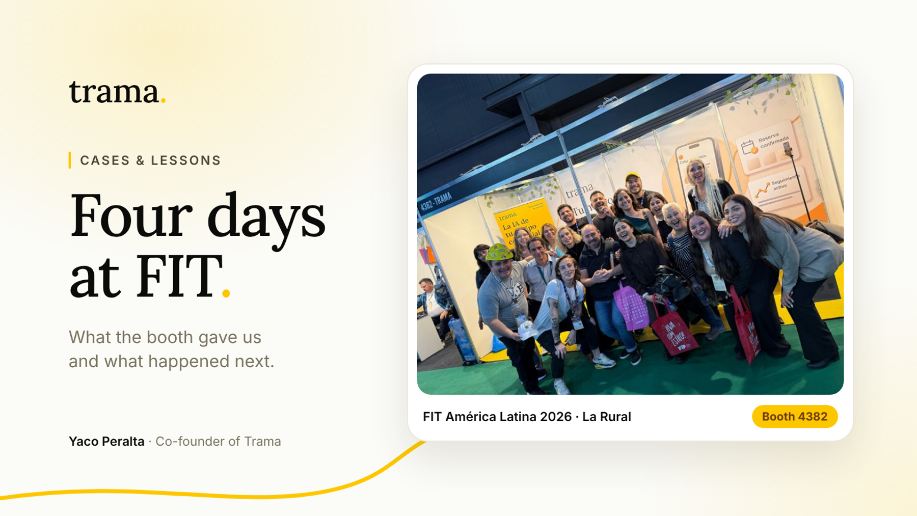 Trama cover with a photo of the team and visitors at booth 4382 at FIT America Latina 2026, at La Rural in Buenos Aires.