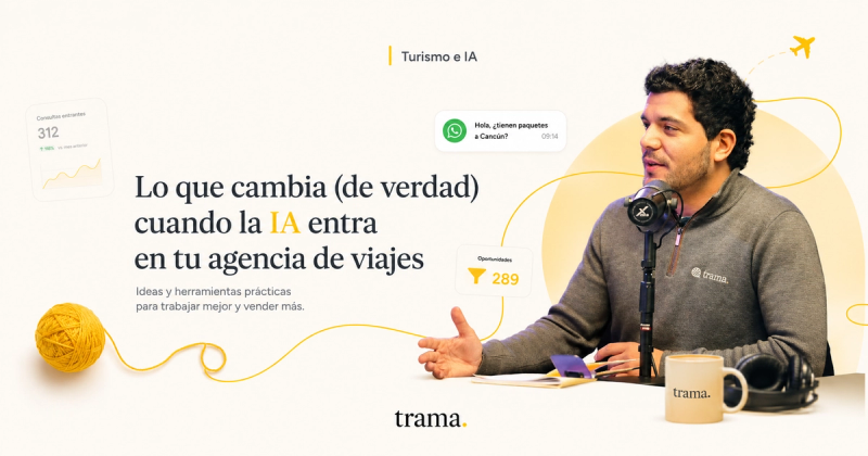 Yaco Peralta during a livestream about artificial intelligence applied to tourism, set in an editorial composition in cream and yellow tones with WhatsApp messages, commercial metrics, and a woolen thread representing trama.