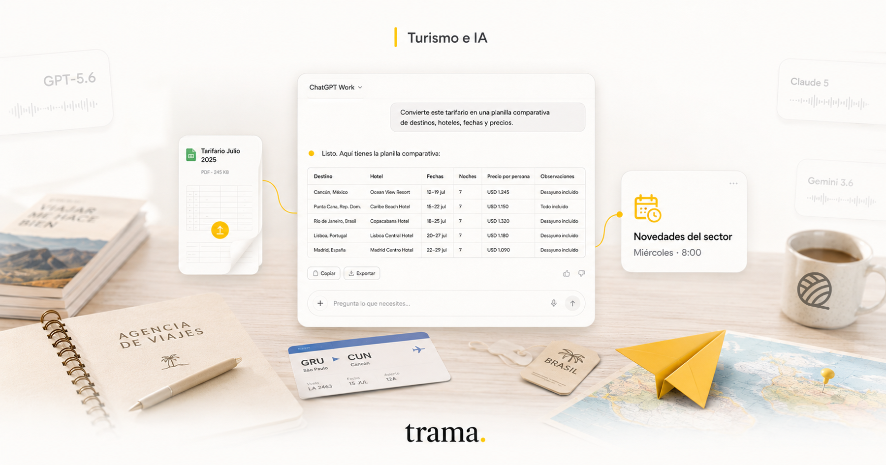 Portada editorial de trama. sobre las novedades de inteligencia artificial de julio aplicadas a agencias de viajes, con ChatGPT Work convirtiendo un tarifario en una planilla comparativa y una tarea programada de novedades del sector.