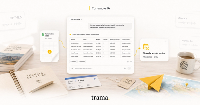 Portada editorial de trama. sobre las novedades de inteligencia artificial de julio aplicadas a agencias de viajes, con ChatGPT Work convirtiendo un tarifario en una planilla comparativa y una tarea programada de novedades del sector.