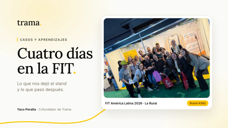 Portada de Trama con la foto del equipo y visitantes en el stand 4382 de la FIT América Latina 2026, en La Rural.