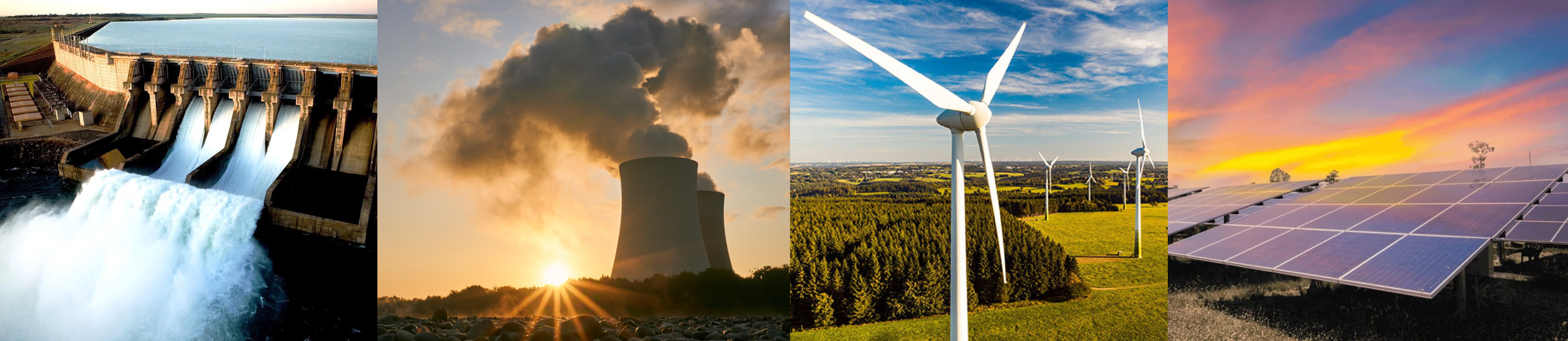 hydropower dam, nuclear plant, wind turbine,solar panels