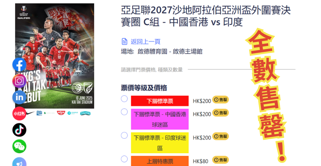 香港對印度門票售罄