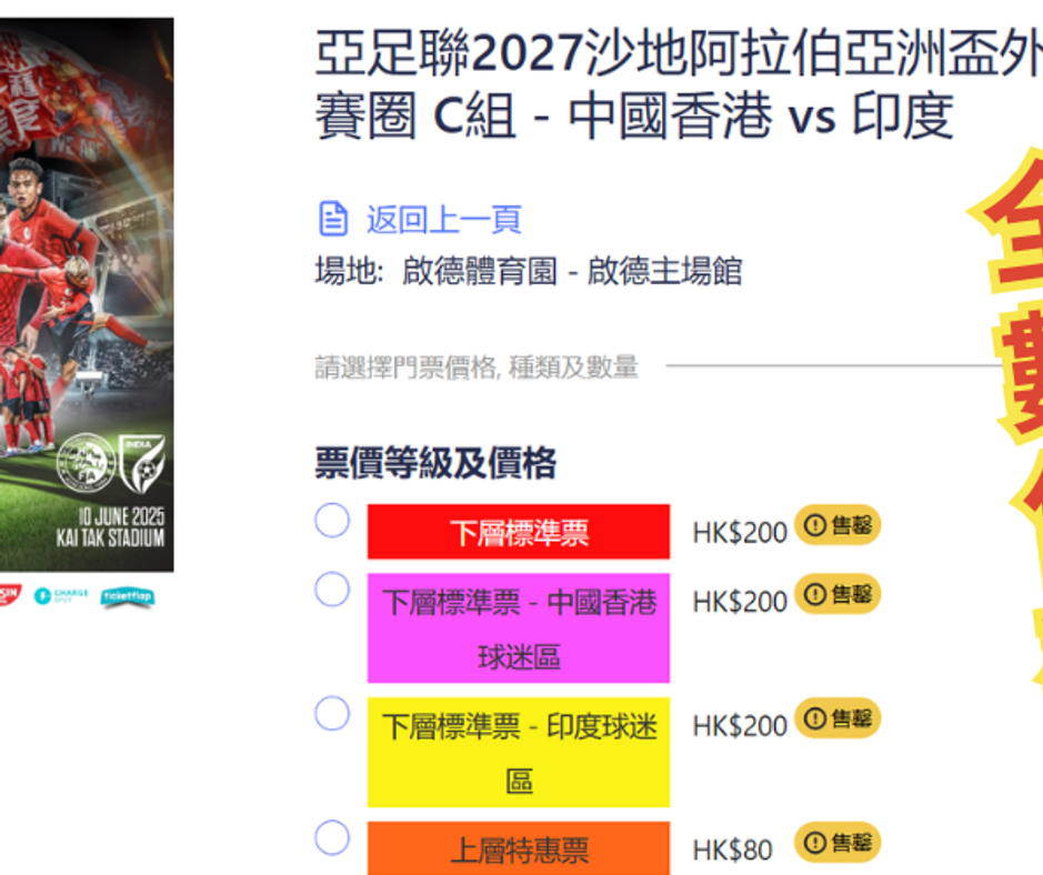 香港對印度門票售罄