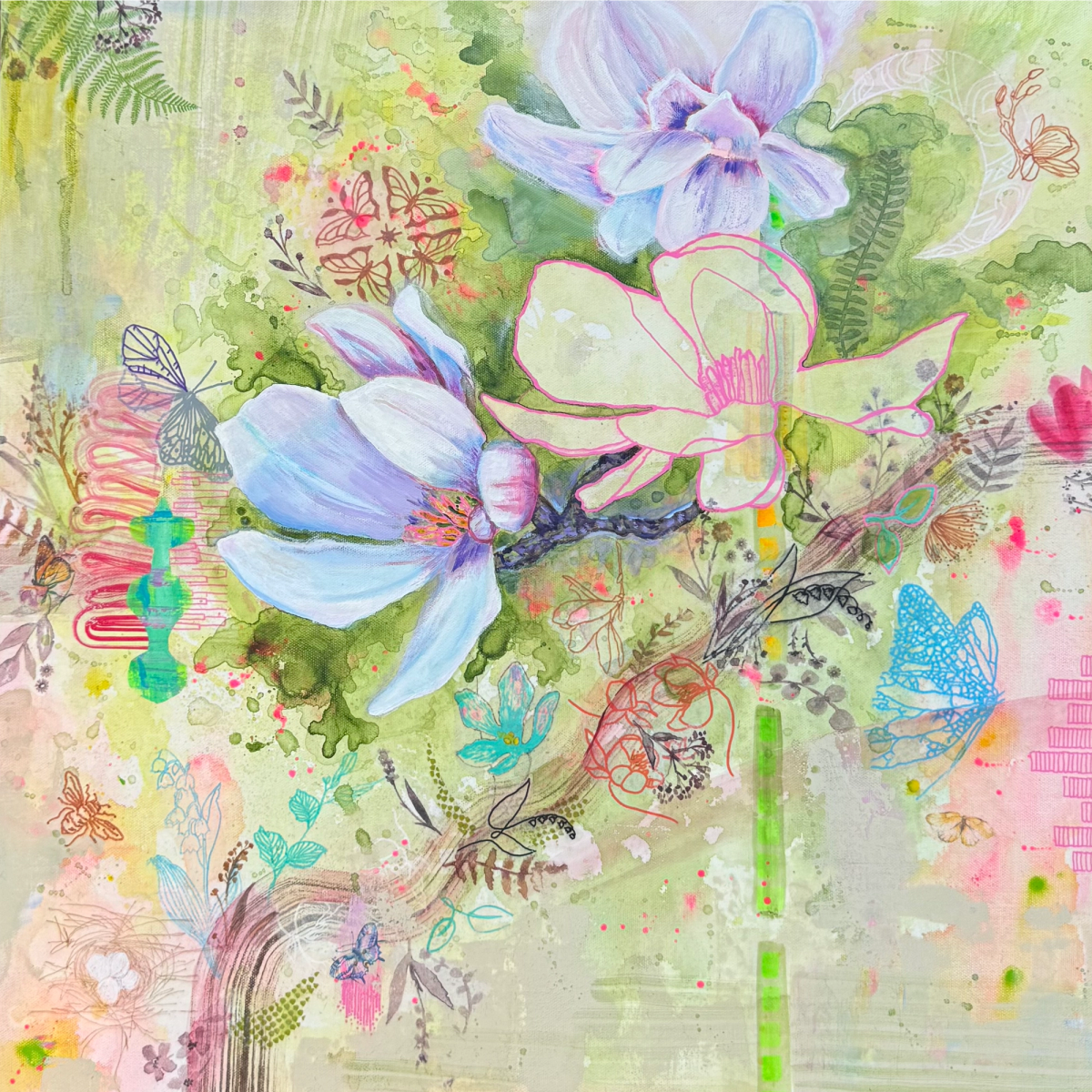 Dogwood tree branch in bloom surrounded by colorful botanical elements.