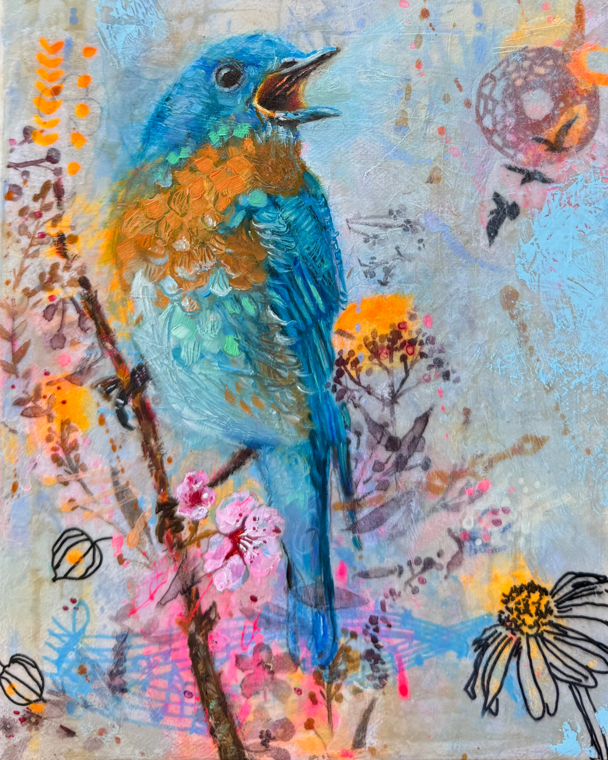 Blue bird sings with gusto atop a fine branch.