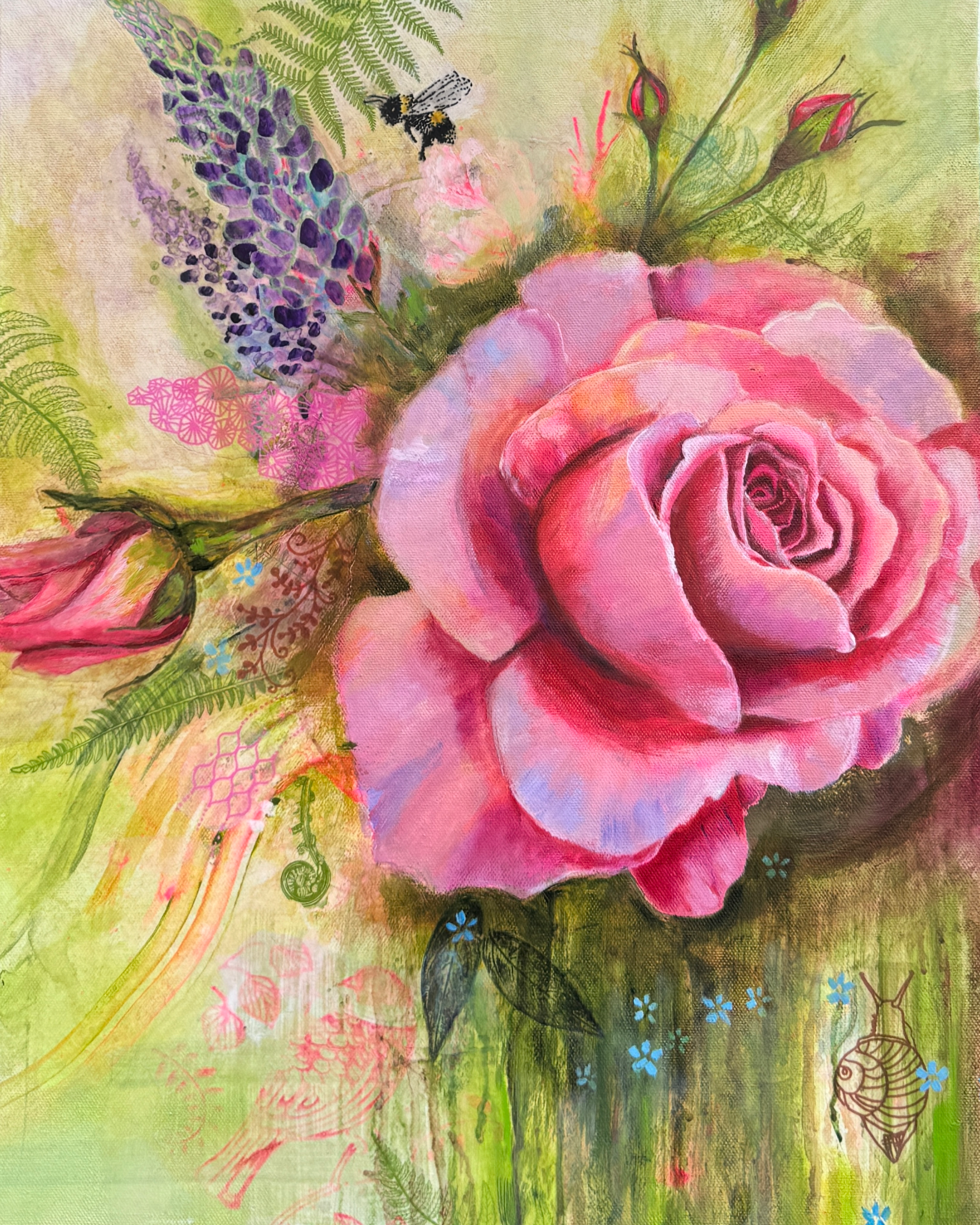 Original painting of a pink rose blooming in celebration of summer by New Hampshire artist Sue Elkus