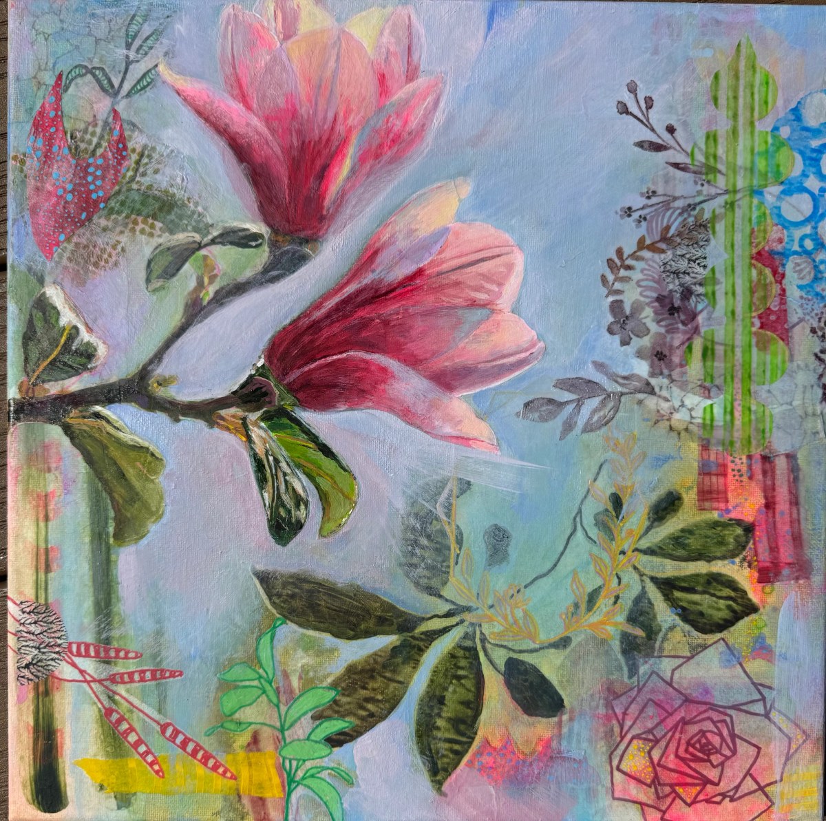Pink magnolia blossoms layered with leaves, botanical silhouettes, colorful grids, and a small dragonfly.