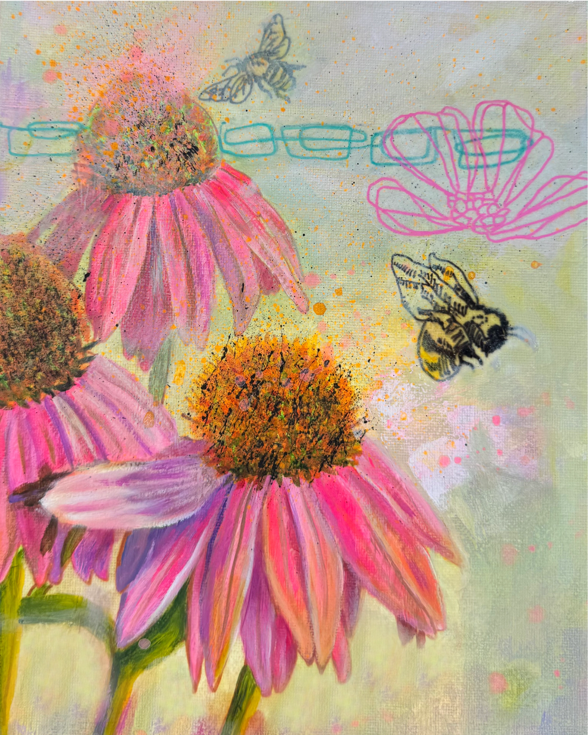 Three pink coneflowers, happily sharing with the bees