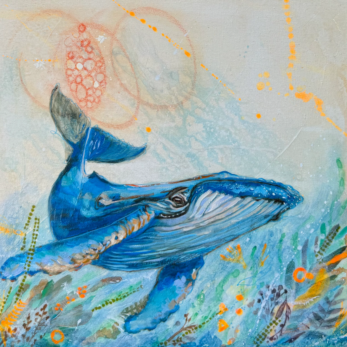 Blue whale connecting with a magical underwater garden.