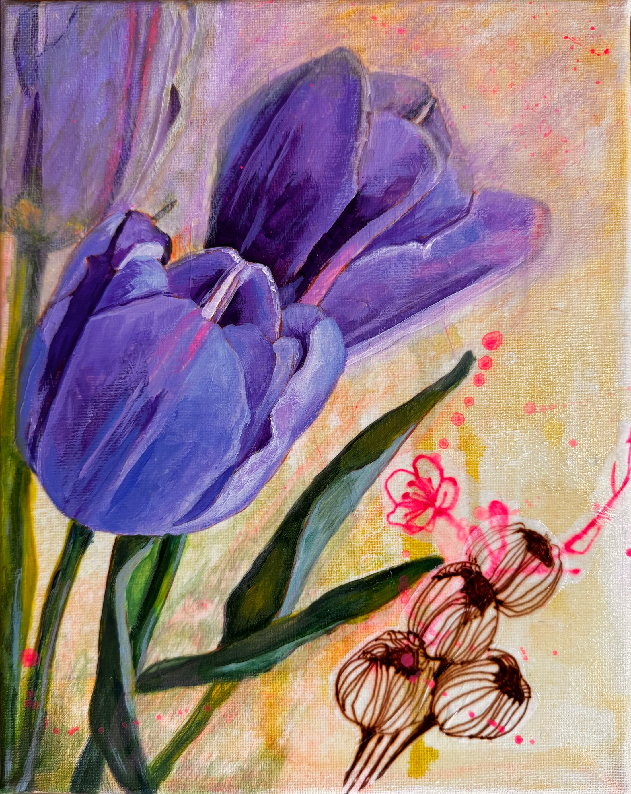 Two violet tulips with dark green leaves against a softly layered cream, pink, and lavender ground.