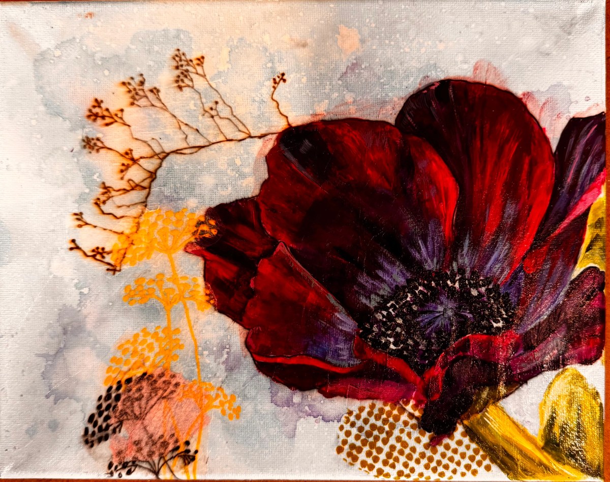 Deep burgundy poppy with a dark center, surrounded by gold, rust, and dotted botanical forms on a pale ground.