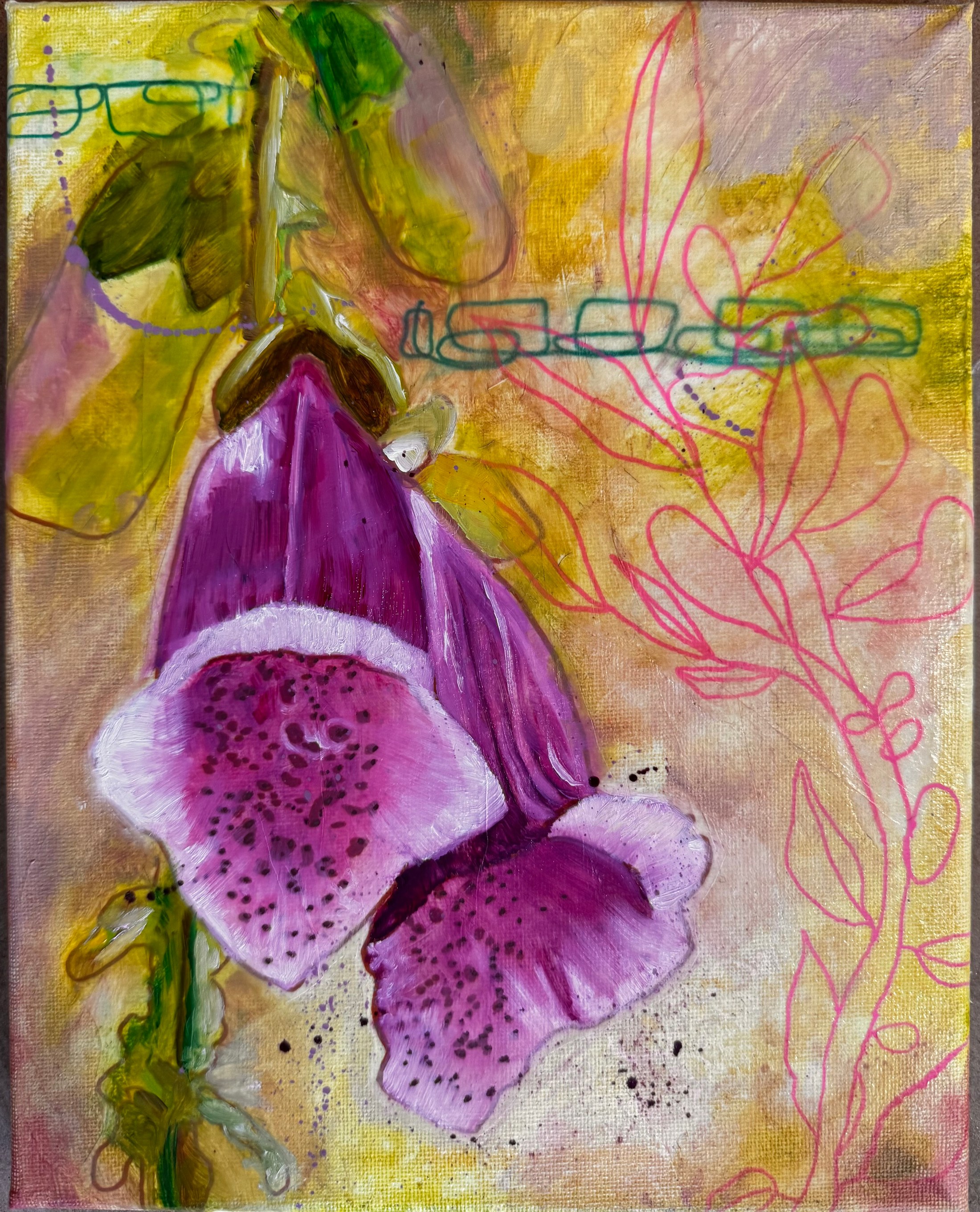 Purple foxglove bells hanging among green leaves, pink contour drawings, and looping teal lines.
