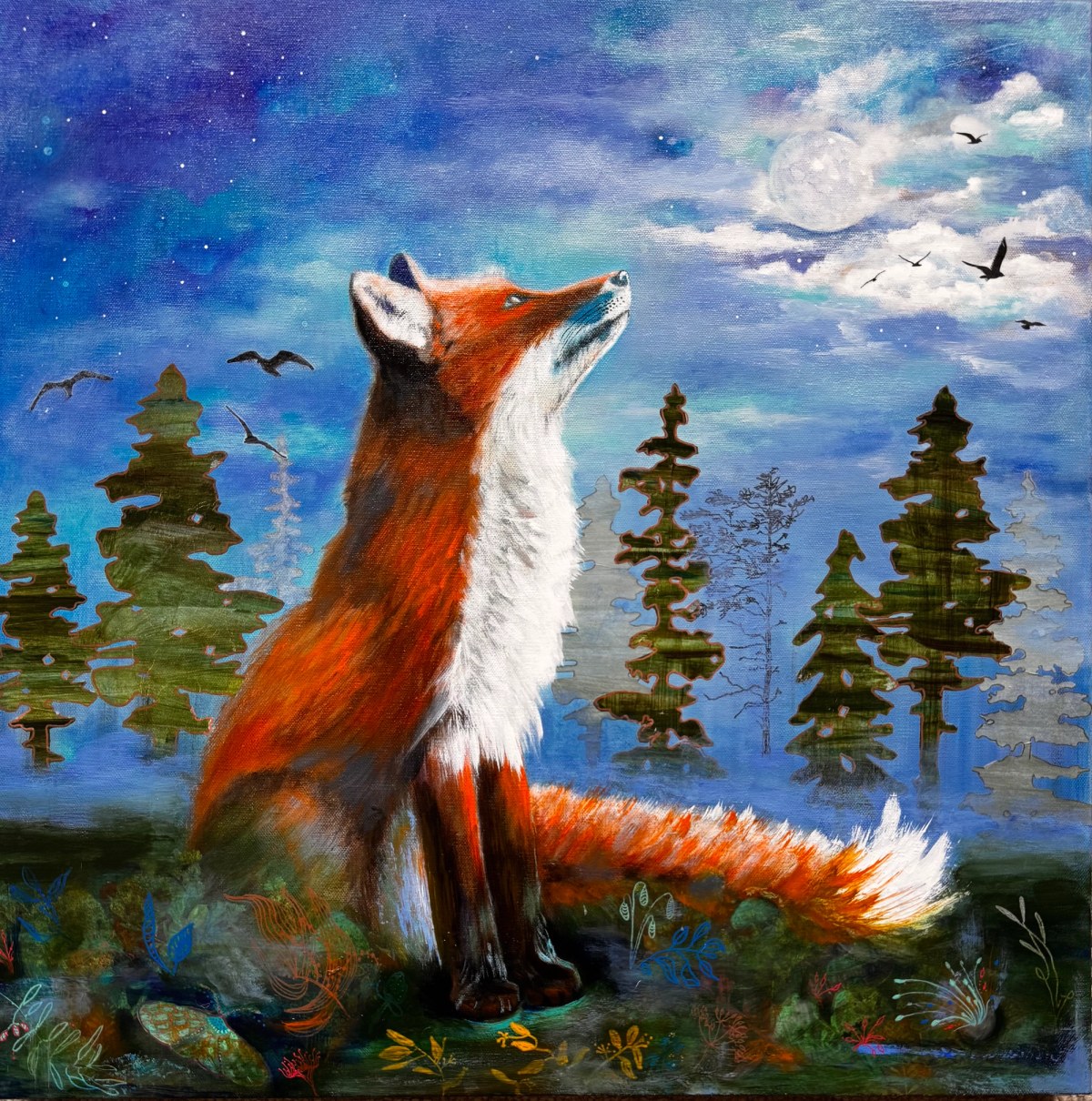 Red fox lifting its muzzle toward a pale moon in a deep blue forest filled with birds and evergreens.