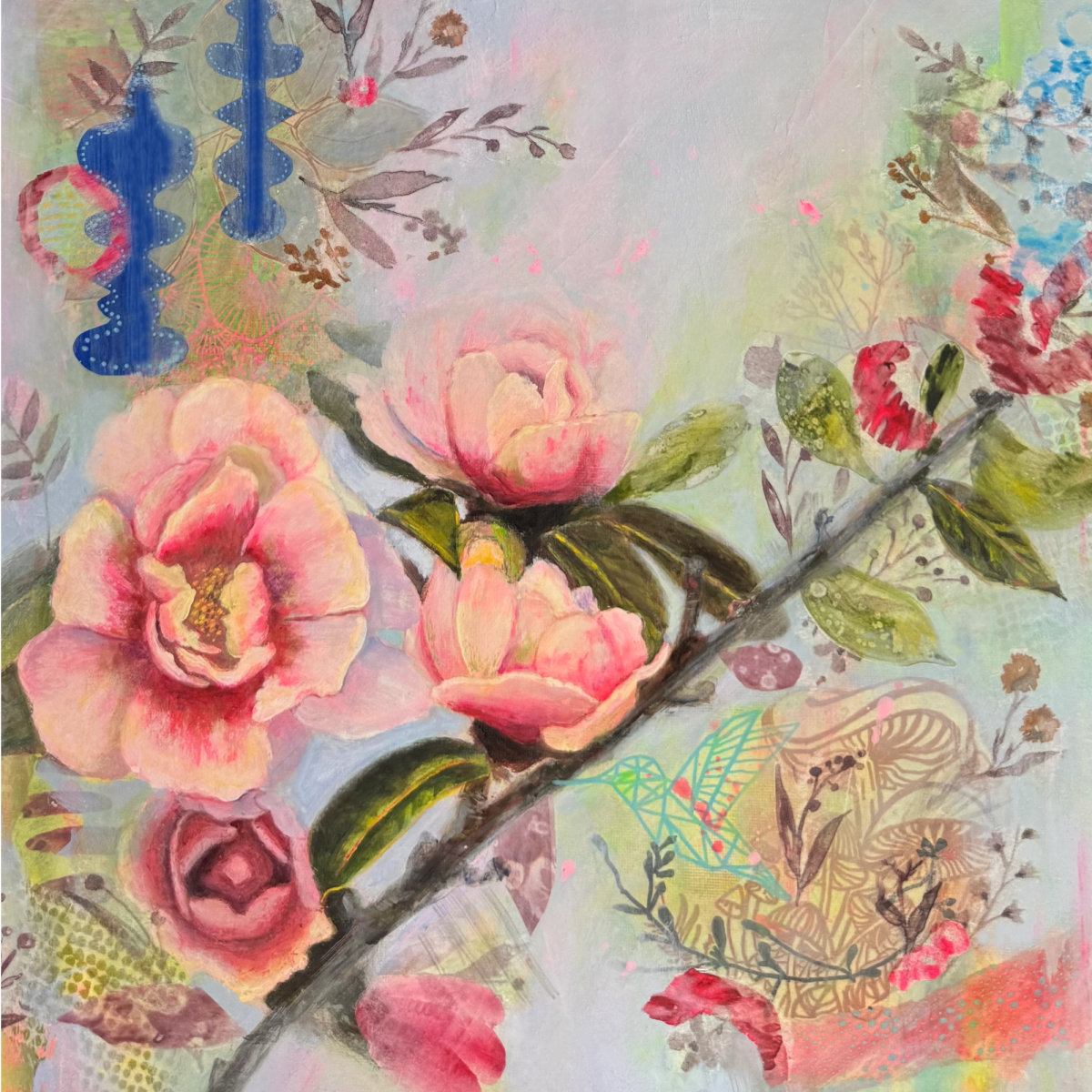 Pale pink roses surrounded by botanical layered collage