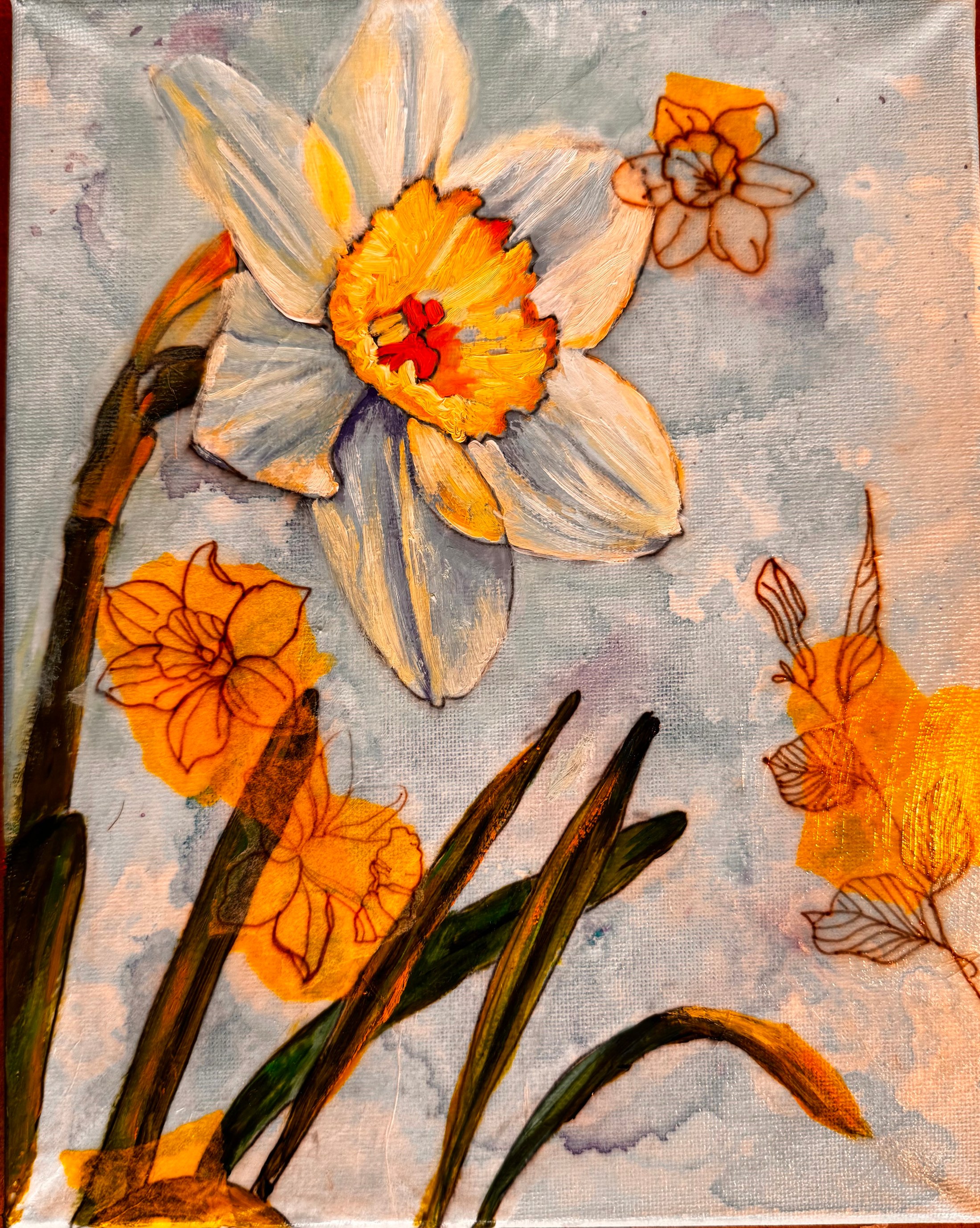 White-and-yellow daffodil surrounded by orange flower sketches and dark sweeping leaves on a blue-gray ground.