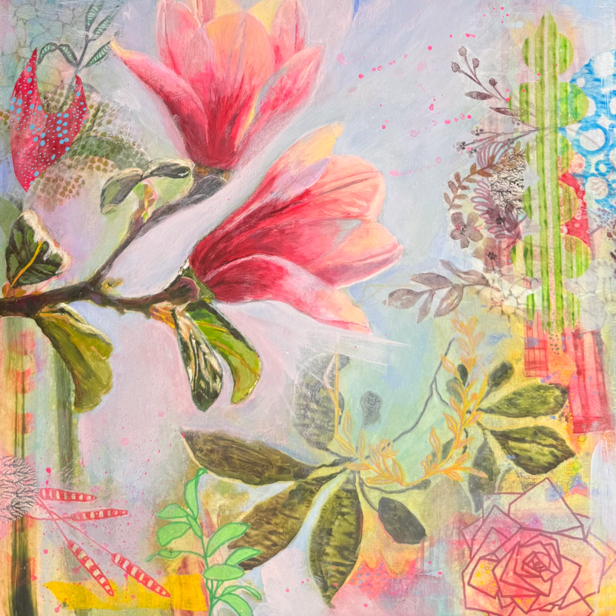 Pink magnolia blossoms layered with leaves, botanical silhouettes, colorful grids, and a small dragonfly.