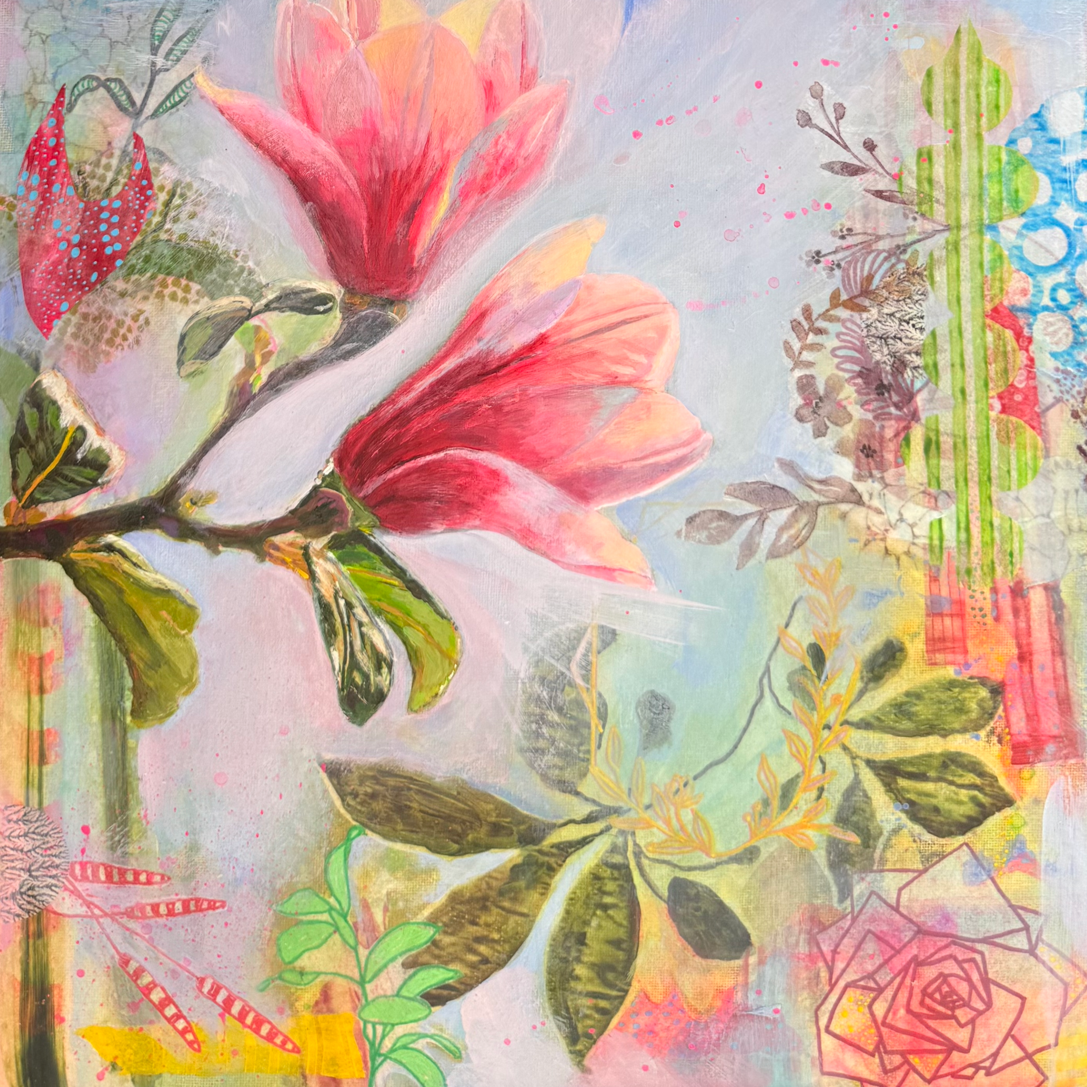 Pink magnolia blossoms layered with leaves, botanical silhouettes, colorful grids, and a small dragonfly.