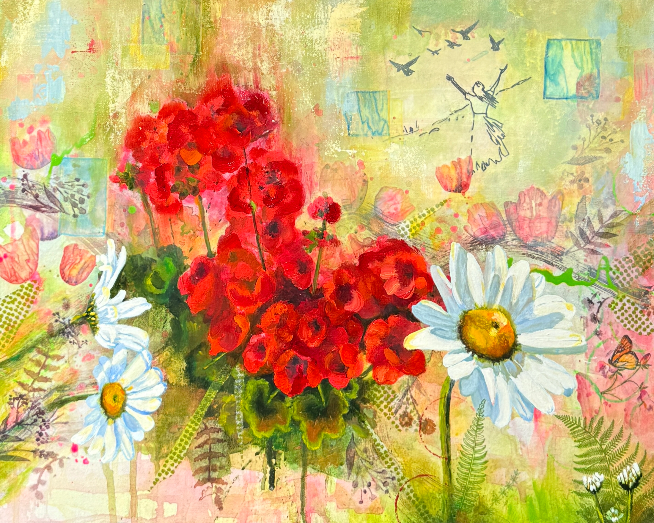 Colorful original painting of red geraniums popping thru some sunny skies, by New Hampshire artist Sue Elkus