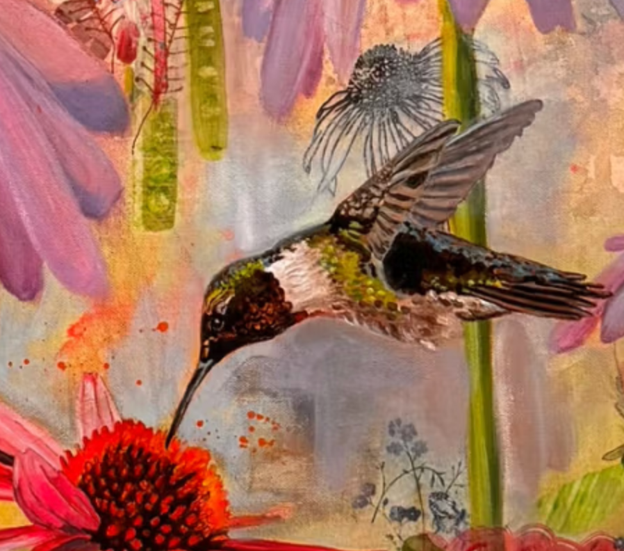 Ruby-throated hummingbird with its iridescent green back