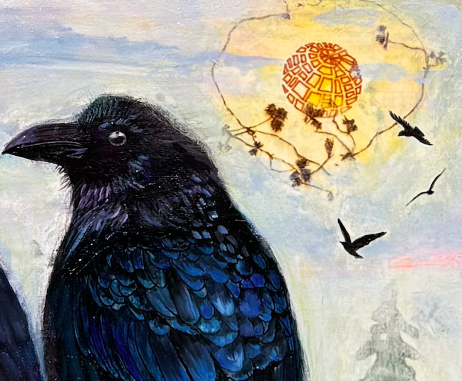 Close up of irredescent crow and glowing sun.