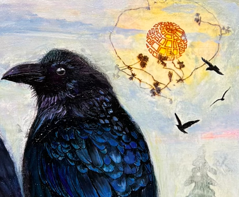 Close up of irredescent crow and glowing sun.