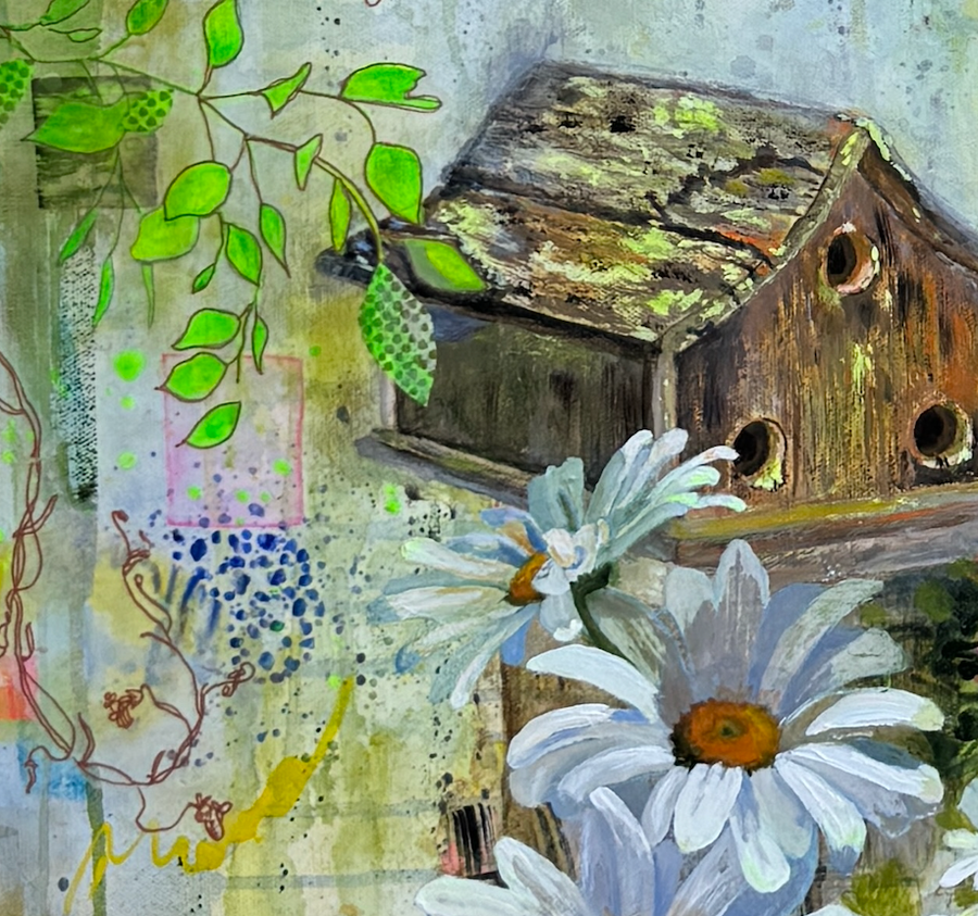 Close up of an old bird house nestled in the daisies by artist Sue Elkus