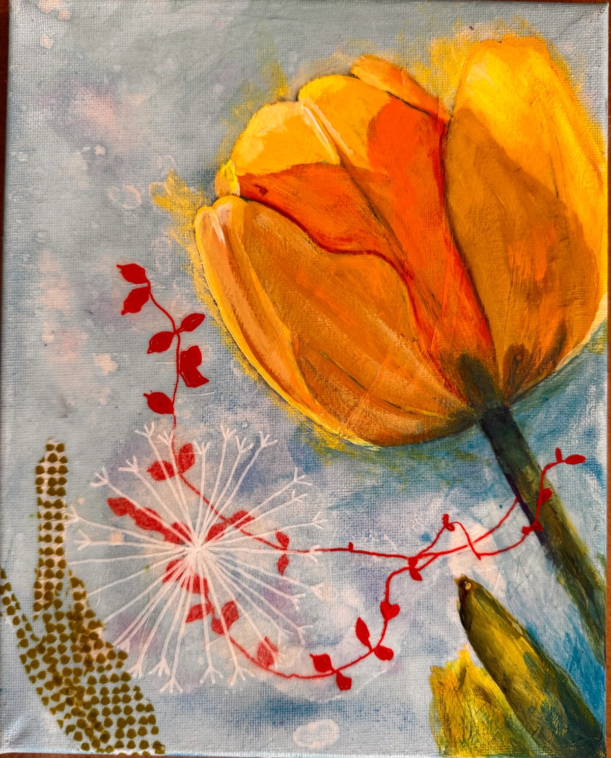 Large golden-orange tulip with green leaves, red stems, and white seed-head linework on a cool gray-blue ground.