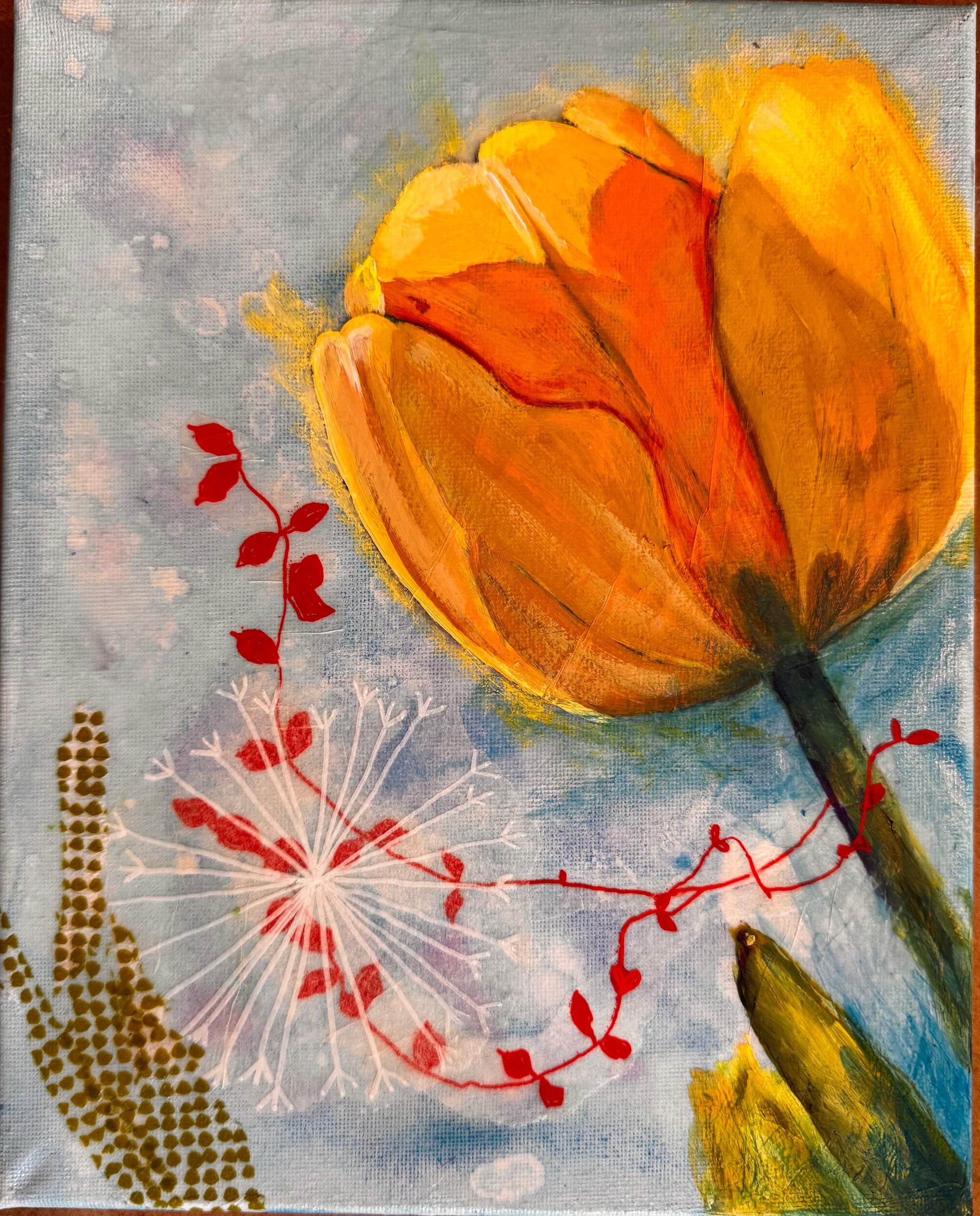 Large golden-orange tulip with green leaves, red stems, and white seed-head linework on a cool gray-blue ground.
