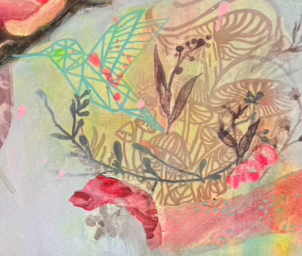 Hummingbird pokes thru the mushrooms