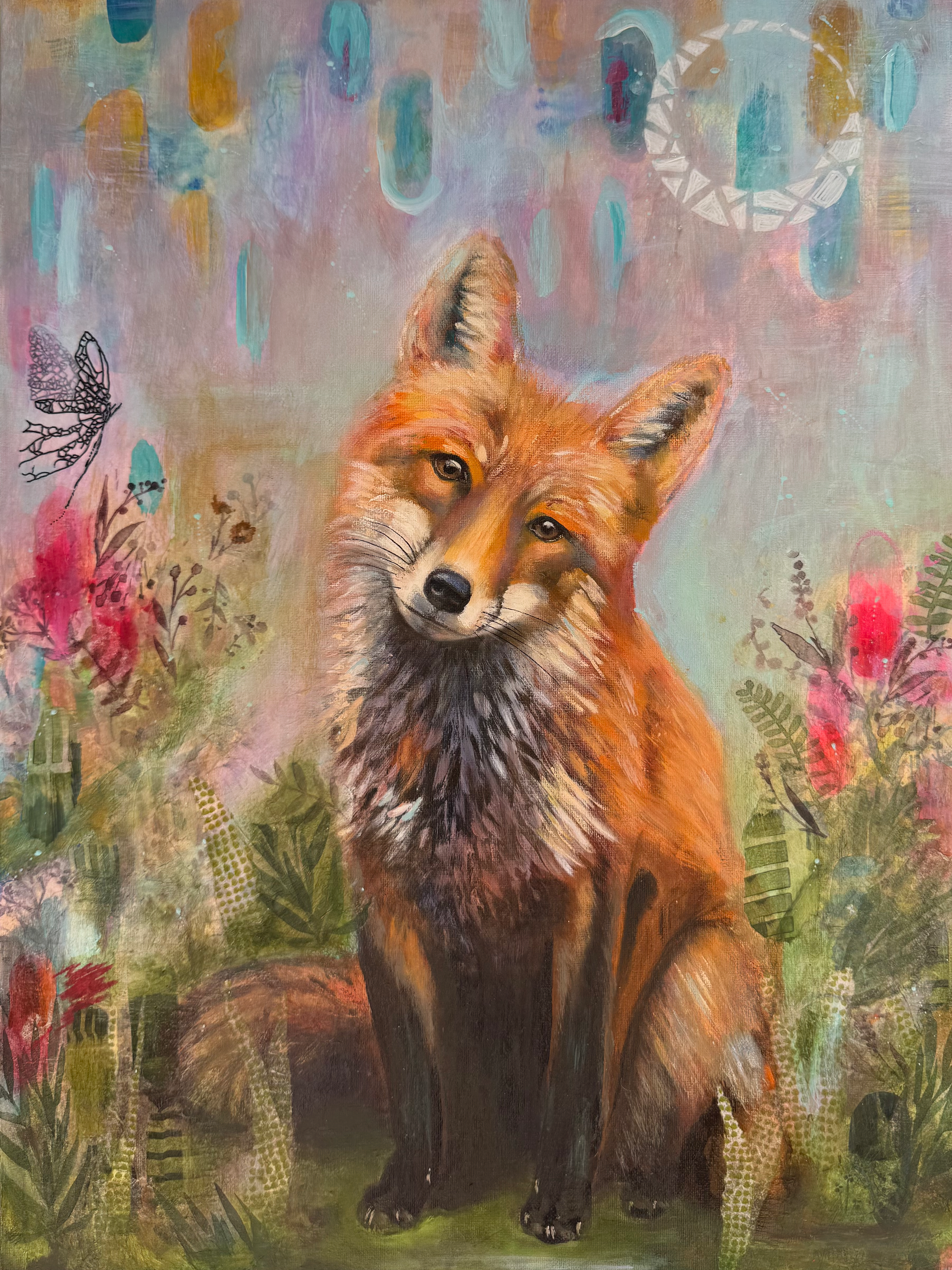 Red fox seated amid ferns and bright wildflowers beneath floating pastel shapes and a pale spiral moon.